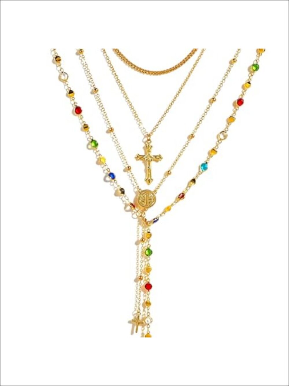 Bohemian Layered Bead Necklace Set Gold-Tone Cross Rosary Women